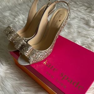 kate spade gold glitter sling back bow pumps